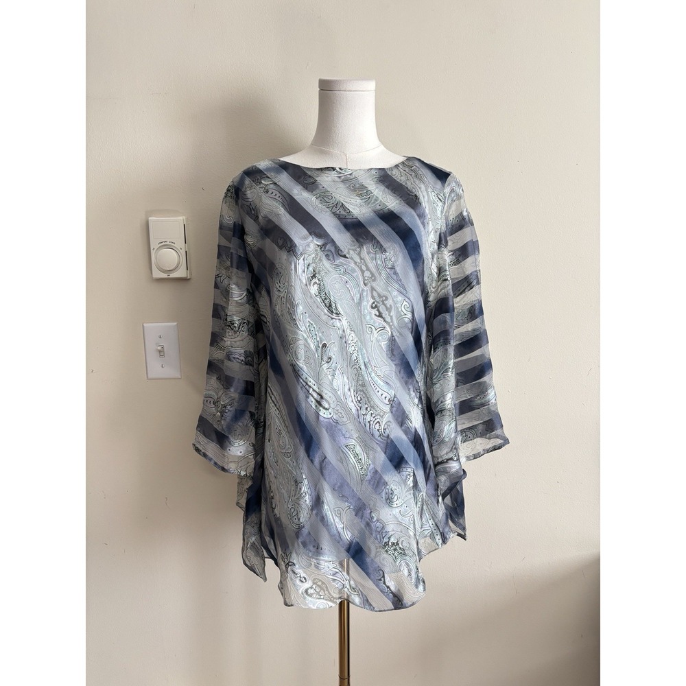 Dana Buchman Womens 14 Large Silk Top Flare Sleeve Asymmetrical Blue Floral 90s